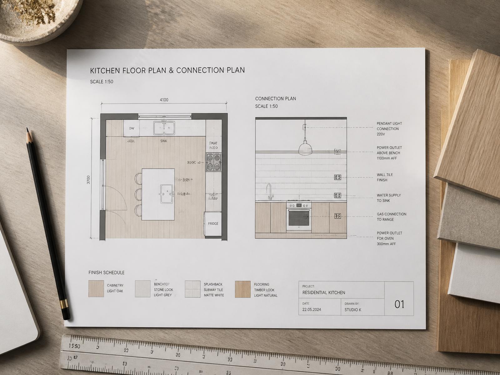 Küchengrundriss mit Anschlussplan und Materialmustern auf einem Tisch